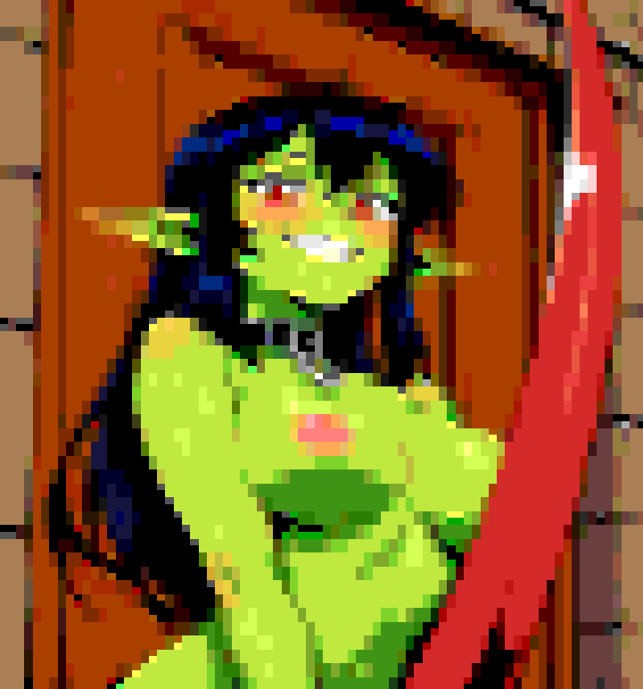Pixel art of a grinning, topless green goblin woman with long black hair, leaning in a wooden doorway.